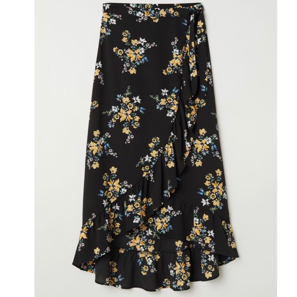 H&M Asymmetrical Ruffle Floral Black Skirt